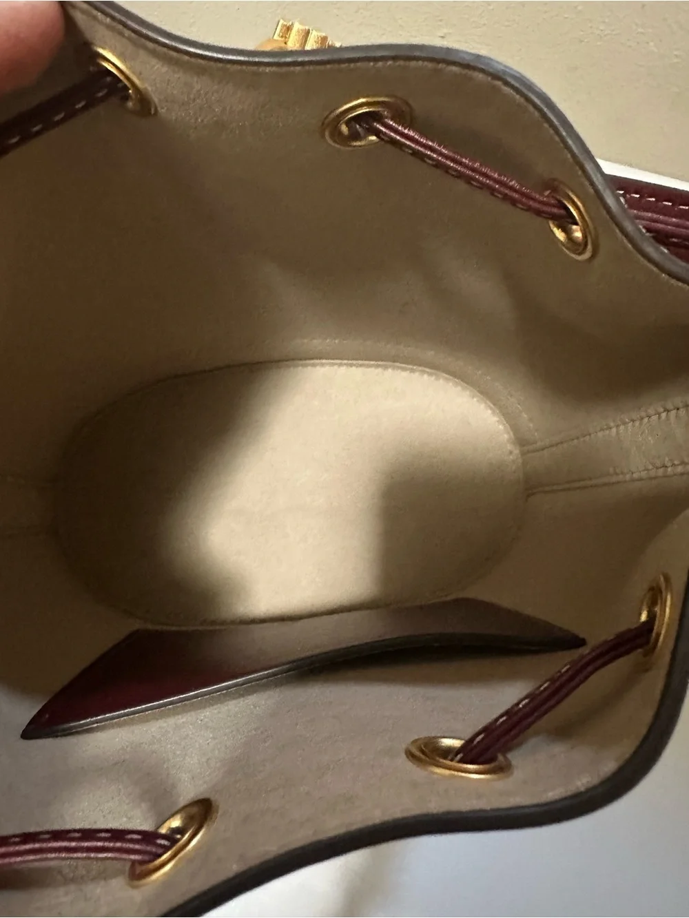 Tory Burch Leather Drawstring Bucket Bag with Gold Hardware in Huckleberry Color